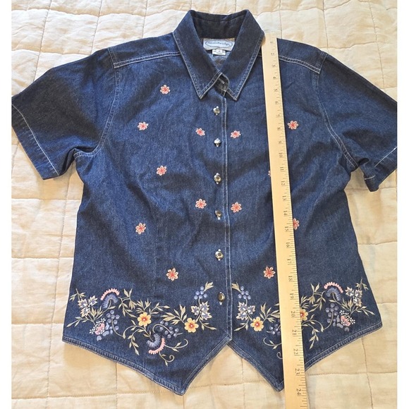 Vintage Stonebridge Denim Button Up Top Shirt Short Sleeve 14 Floral Embroidery - Picture 5 of 9